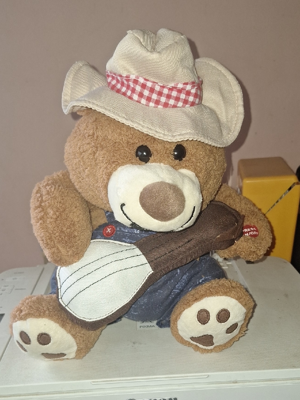 Plush Brown Musical Animated Cowboy Bear Toy with Hat and Guitar
